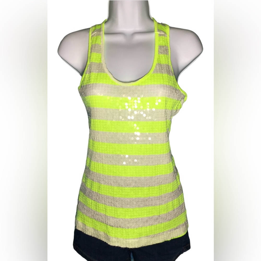NWOT Say What? Neon Yellow White Sequin Stripe Tank Top UV Black Light SizeSmall